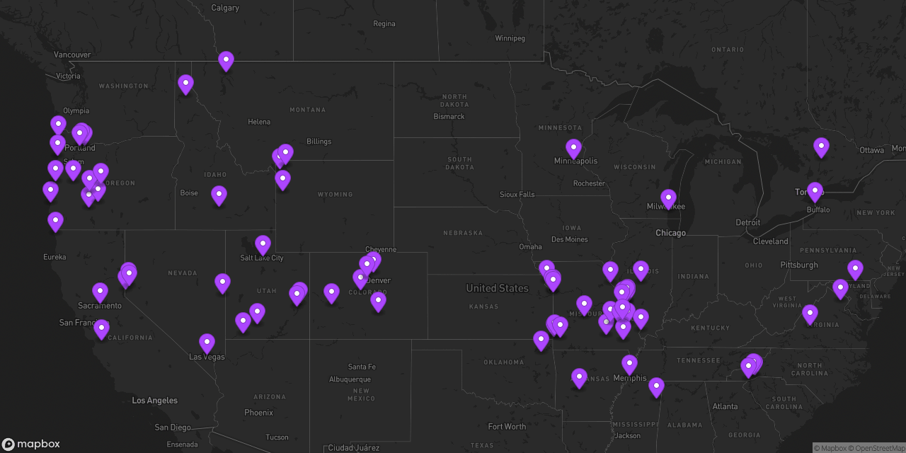 Map of the United States with purple pins marking 47 states Dan has visited
