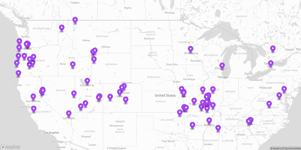 Map of the United States with purple pins marking 47 states Dan has visited